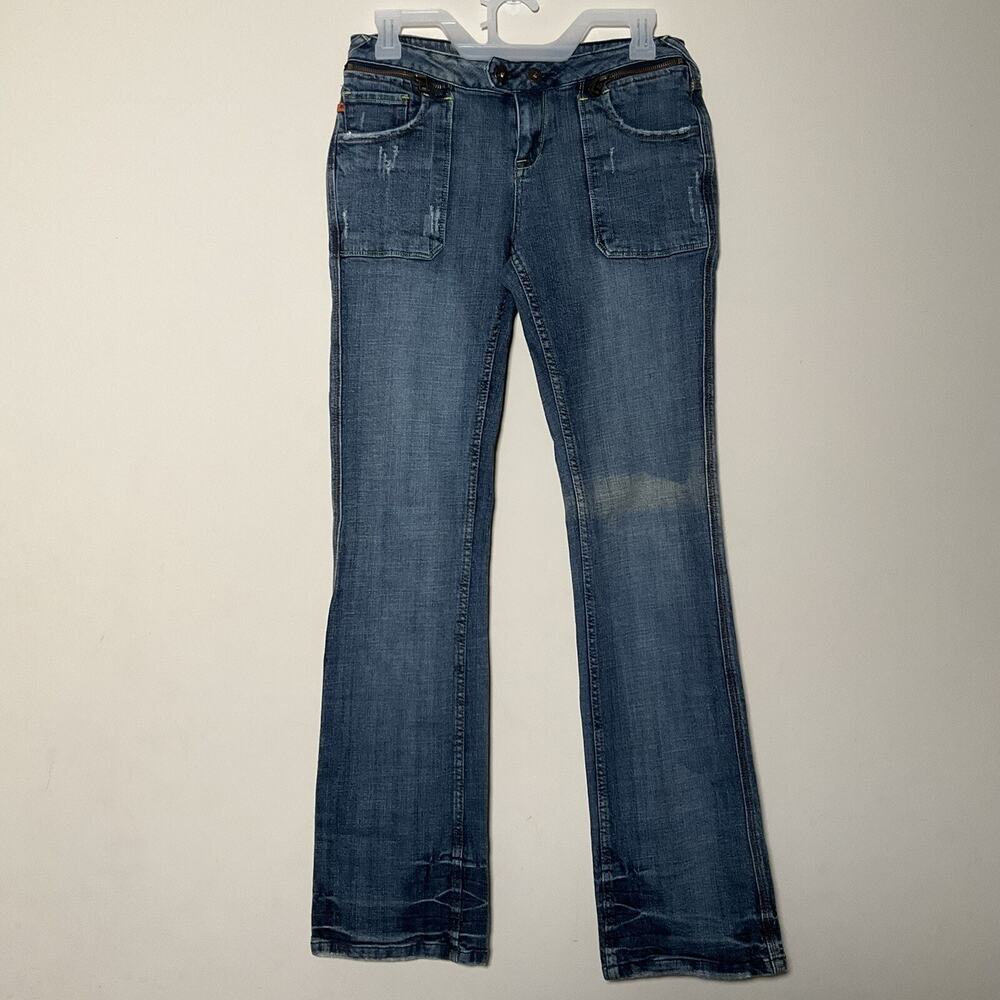 Womens Mid Rise Bootcut Jeans Zip Pocket Stretch Denim Y2K Streetwear Size 9